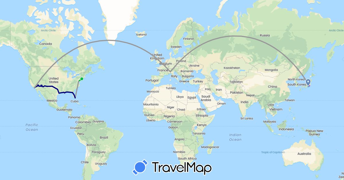 TravelMap itinerary: driving, bus, plane, cycling, train in Italy, Japan, United States (Asia, Europe, North America)